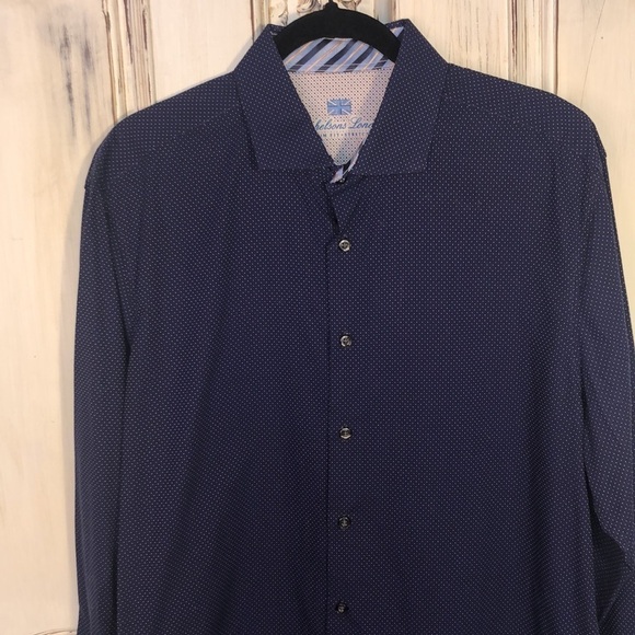 Men’s Mickelsons London Slim Fit Stretch Navy Dot Long Sleeve Dress Shirt Size L - Picture 4 of 10
